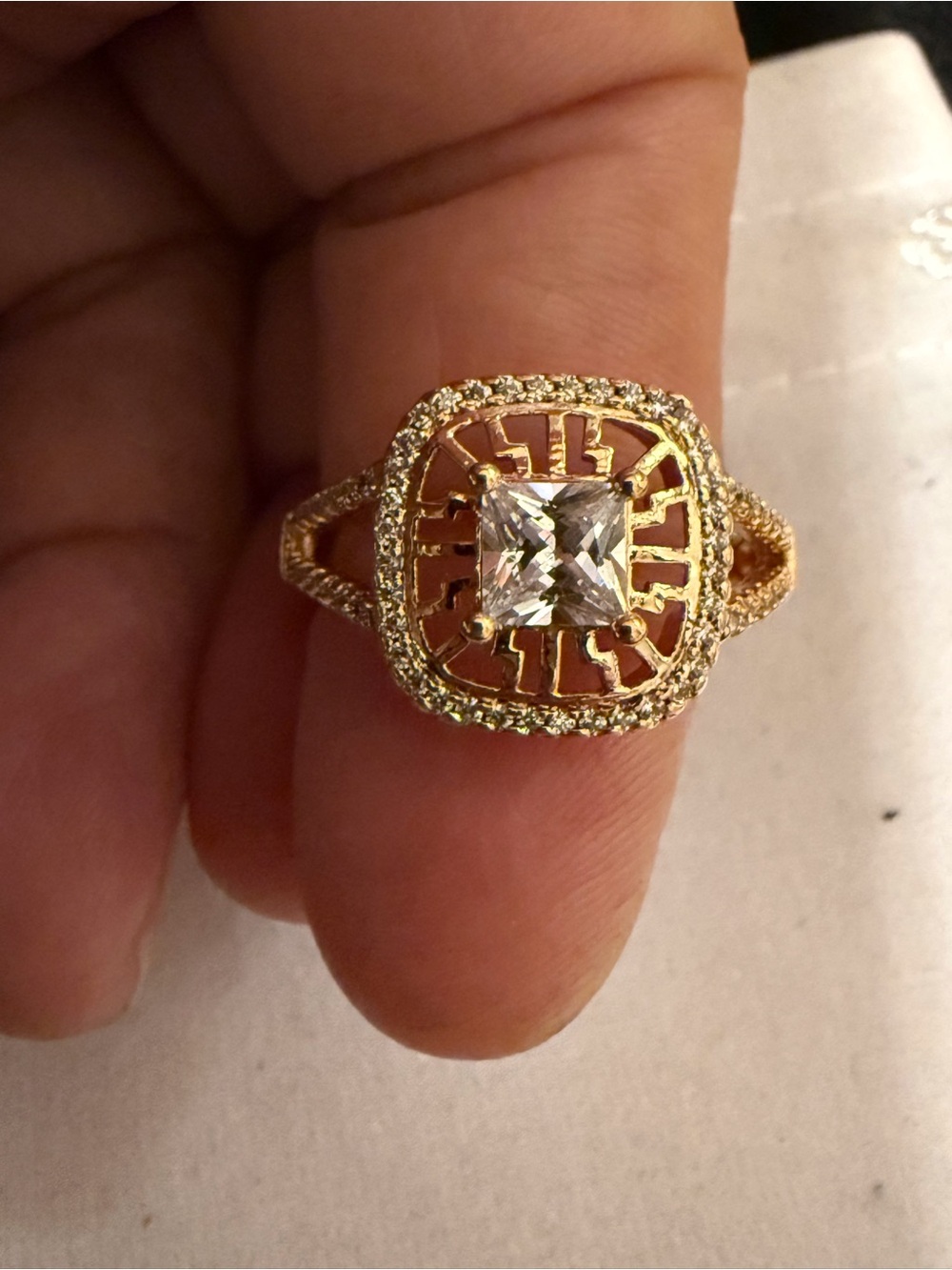 Gold-Tone Square Halo Ring with Clear Center Stone - Women Jewelry